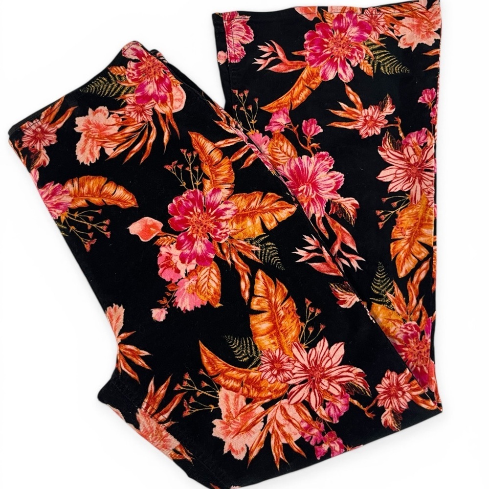No Boundaries Ribbed Floral Flare Pants Black Pink Boho XL